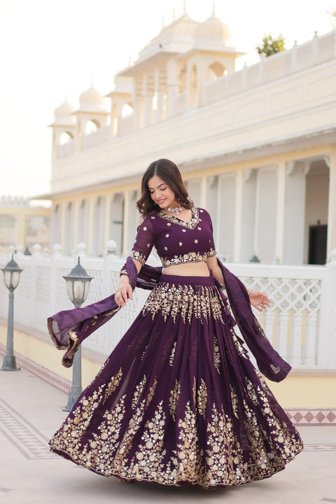 Wine Embroidered Fully Flaired Georgette Lehenga Made with Rich Sequins And Thread Embroidered Work  With Stunning Blouse And Dupatta.