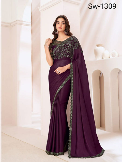 Dark Purple Indian Wedding Wear saree with blouse in USA, Perfect for Indian Party Wear sequins saree For Woman