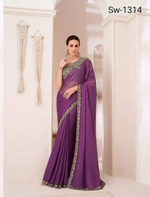 Purple Indian Wedding Wear saree with blouse in USA, Perfect for Indian Party Wear sequins saree For Woman