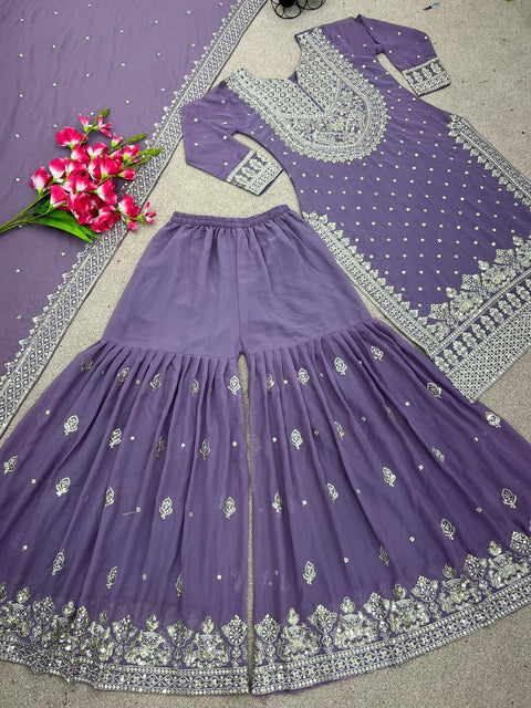 Lavender Heavy Embroidery Sequence Work Top-Gharara And Dupatta Set Fully Stitched For Women