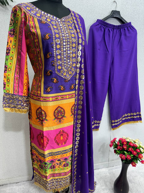 Purple Heavy Fuax Georgette Digital Print Hand Work Suit For Women In USA