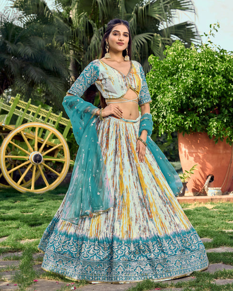 Stylish Rama Color Party wear Heavy Lehenga Choli for Women with Dupatta Sequence Lehenga Choli In USA