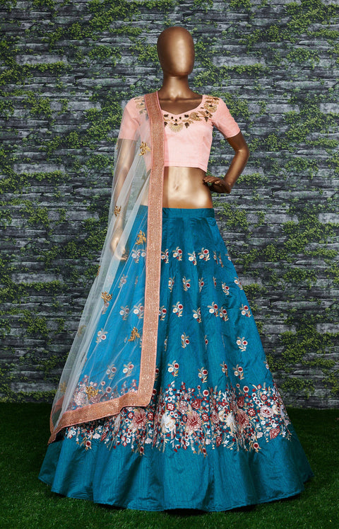 Add glam and style to your traditional aesthetics with the teal blue lehenga For women