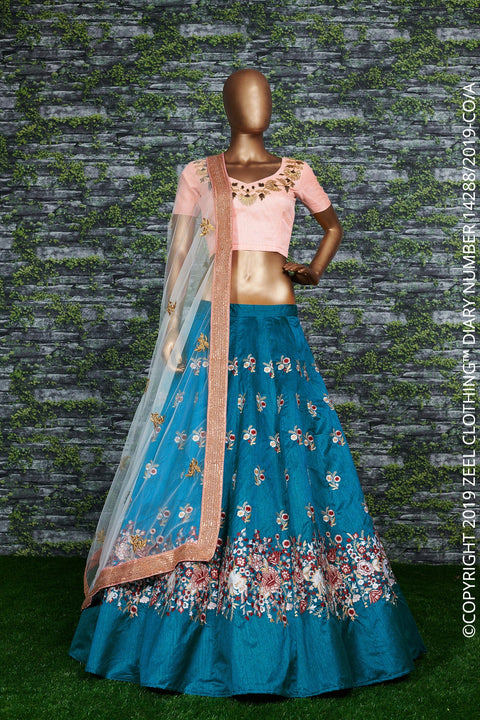 Add glam and style to your traditional aesthetics with the teal blue lehenga For women