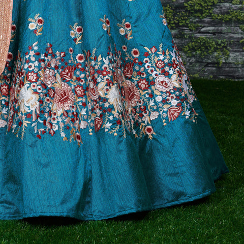 Add glam and style to your traditional aesthetics with the teal blue lehenga For women