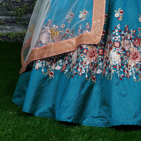 Add glam and style to your traditional aesthetics with the teal blue lehenga For women