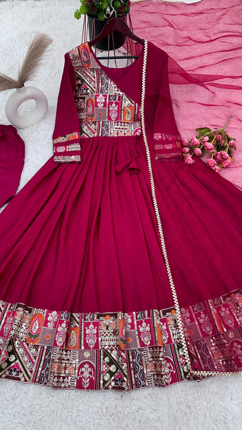 Hot Pink Launching New Designer Party Wear Look Full Heavy Embroidery Sequence Work Gown With Fully Stiched