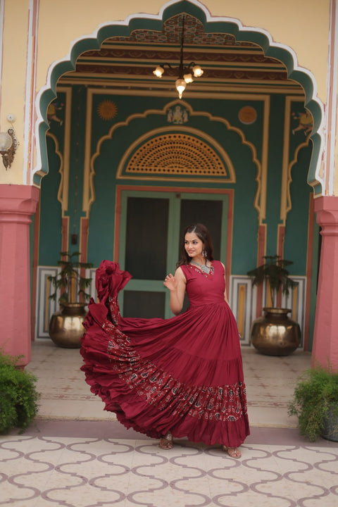 Red Brighten Up Your Performance In This Navratri With Our Designer Outfit made By Heavy Premium Quality Fabric Gown