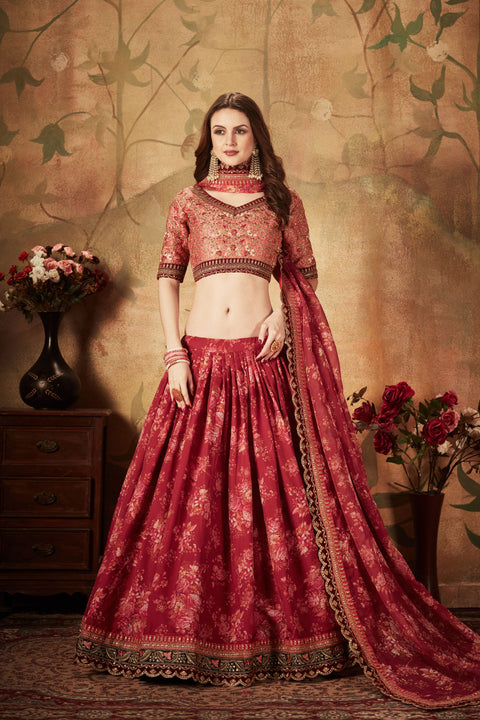 Maroon and Peach Stylish Fancy Lehenga Choli For Women In Wedding Occasion with Dupatta in USA