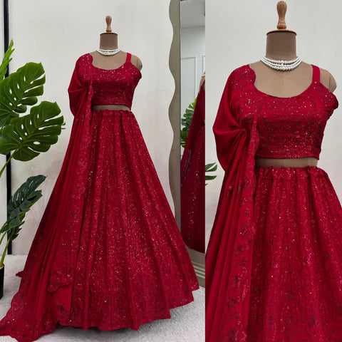 Red Your Ethnic Wardrobe with a Gorgeous Chinon silk Lehenga Choli For Women