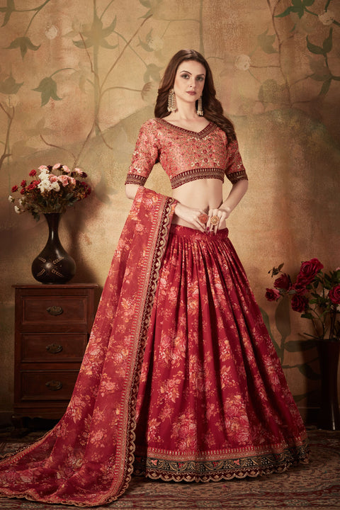 Maroon and Peach Stylish Fancy Lehenga Choli For Women In Wedding Occasion with Dupatta in USA