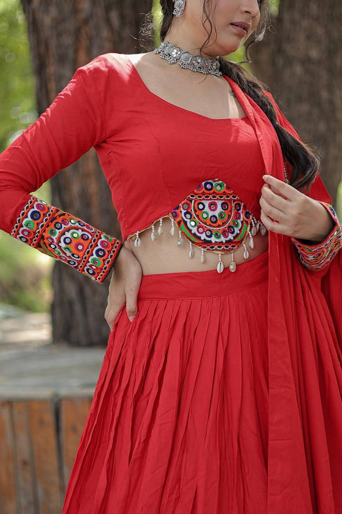 Red Made for Navratri Season, Red Ready made Rayon Lehenga choli Set For Women