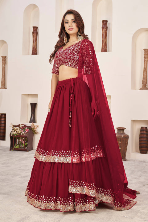 Red Elegant Wedding wear Heavy Lehenga Choli for Women with Dupatta Sequence Lehenga Choli In USA