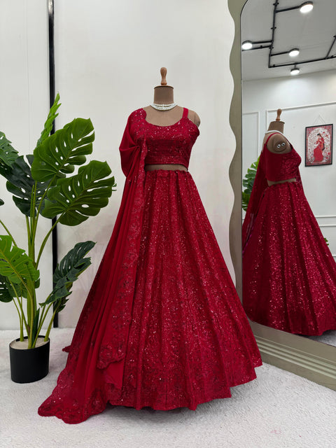 Red Your Ethnic Wardrobe with a Gorgeous Chinon silk Lehenga Choli For Women