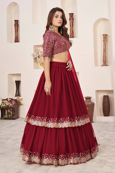 Red Elegant Wedding wear Heavy Lehenga Choli for Women with Dupatta Sequence Lehenga Choli In USA