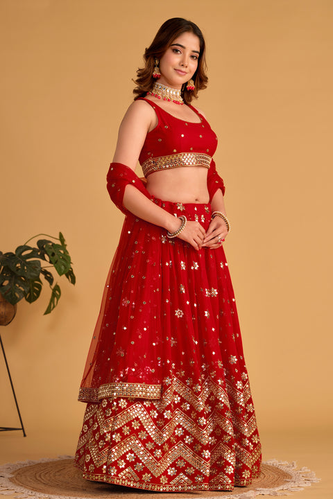 Red Embellished Wedding wear Heavy Lehenga Choli for Women with Dupatta Sequence Lehenga Choli In USA