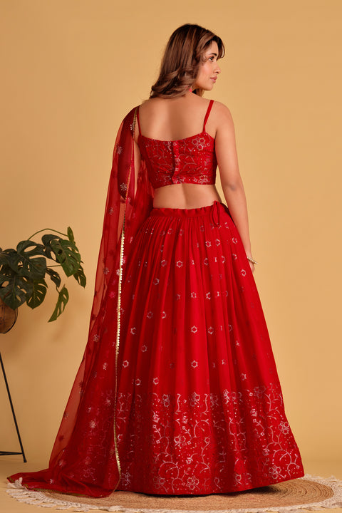 Rubey Red Party wear Heavy Lehenga Choli for Women with Dupatta Sequence Lehenga Choli In USA