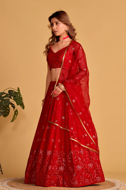 Rubey Red Party wear Heavy Lehenga Choli for Women with Dupatta Sequence Lehenga Choli In USA