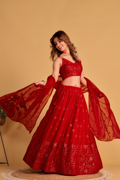 Rubey Red Party wear Heavy Lehenga Choli for Women with Dupatta Sequence Lehenga Choli In USA