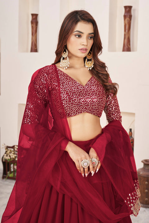 Red Elegant Wedding wear Heavy Lehenga Choli for Women with Dupatta Sequence Lehenga Choli In USA