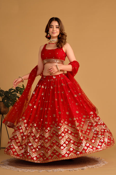 Red Embellished Wedding wear Heavy Lehenga Choli for Women with Dupatta Sequence Lehenga Choli In USA