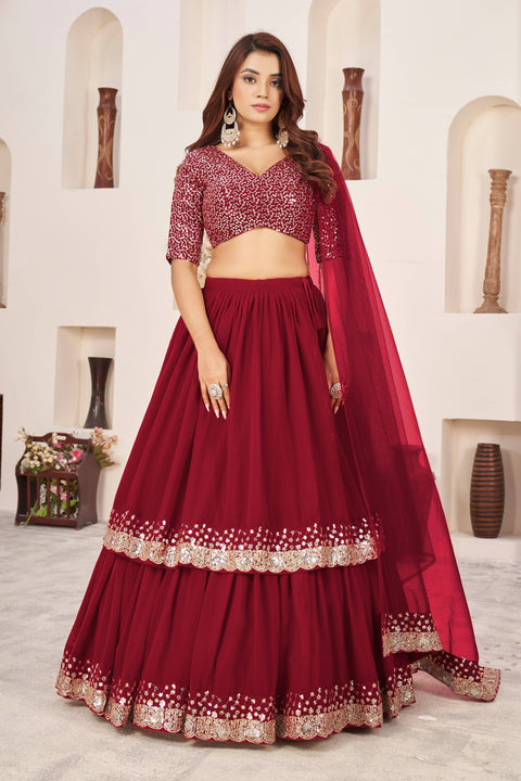 Red Elegant Wedding wear Heavy Lehenga Choli for Women with Dupatta Sequence Lehenga Choli In USA