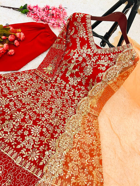 Red Designer Party Wear Look Full Heavy Embroidery Sequence Work Gown With Fully Stiched Bottom