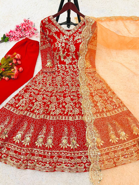 Red Designer Party Wear Look Full Heavy Embroidery Sequence Work Gown With Fully Stiched Bottom