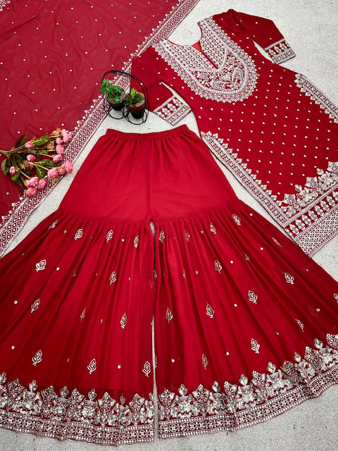 Red Heavy Embroidery Sequence Work Top-Gharara And Dupatta Set Fully Stitched For Women