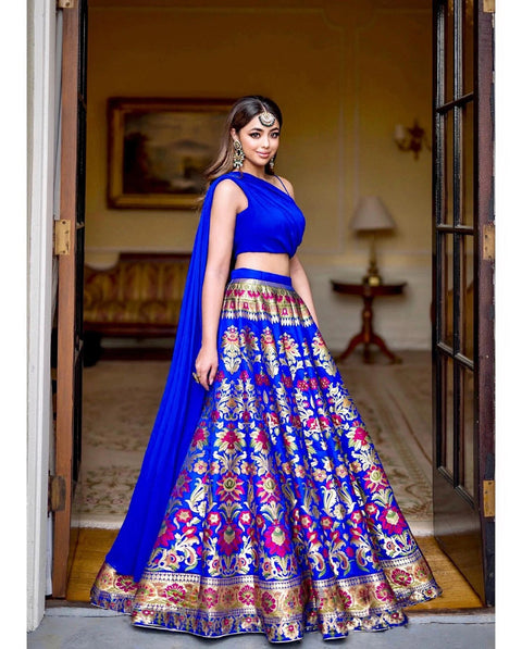 Amazing royal blue banarasi silk lehenga choli for women readytowear in USA,FreeShipping Lehenga choli With Dupatta lehenga choli for girls - ReadyToWearshop