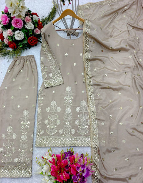 Beige Heavy Chinon Silk Top-Palazzo and Dupatta Set Fully Stitched For Women