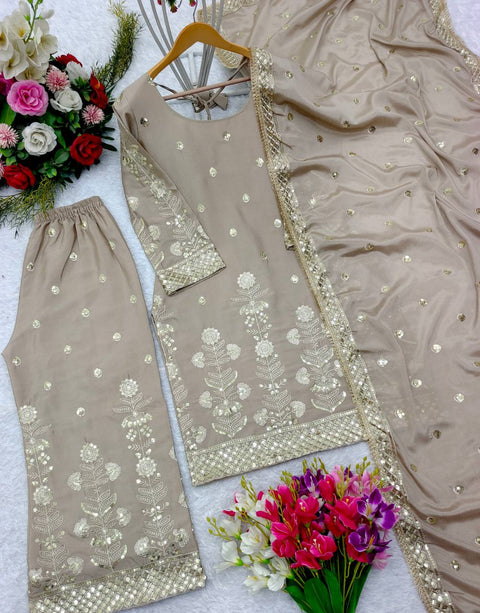 Beige Heavy Chinon Silk Top-Palazzo and Dupatta Set Fully Stitched For Women