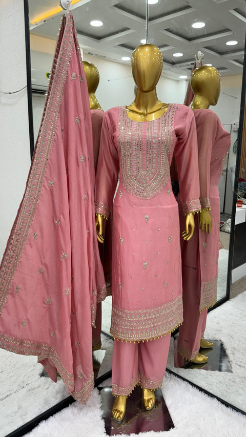 Pink Chinnon Silk  With Heavy Embroidery Sequence Work Top-Bottom And Dupatta For Women