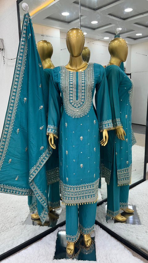 Blue Chinnon Silk  With Heavy Embroidery Sequence Work Top-Bottom And Dupatta For Women