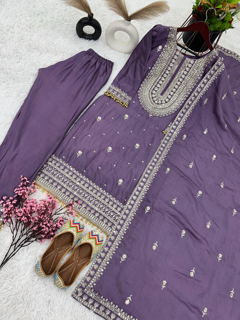 Purple Chinnon Silk  With Heavy Embroidery Sequence Work Top-Bottom And Dupatta For Women