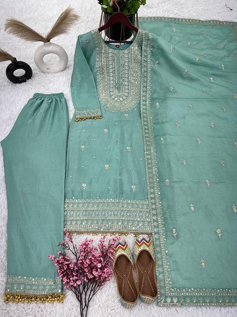 Sky Blue Chinnon Silk  With Heavy Embroidery Sequence Work Top-Bottom And Dupatta For Women