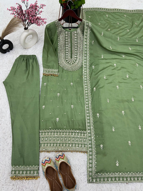 Green Chinnon Silk  With Heavy Embroidery Sequence Work Top-Bottom And Dupatta For Women