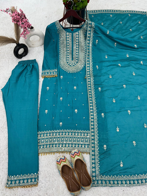 Blue Chinnon Silk  With Heavy Embroidery Sequence Work Top-Bottom And Dupatta For Women