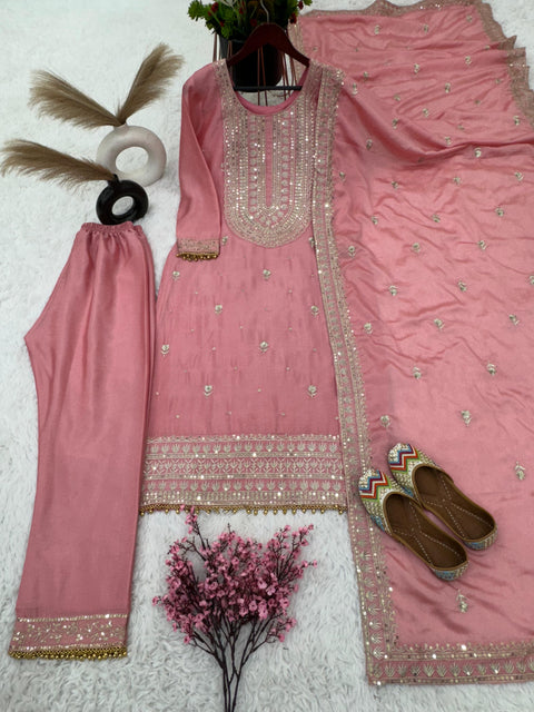 Pink Chinnon Silk  With Heavy Embroidery Sequence Work Top-Bottom And Dupatta For Women