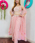 Ready to wear sangeet wear outfit glamorous pink sarong 3 piece dress embelished with foil work padded choli, Readytowear partywear dress - ReadyToWearshop