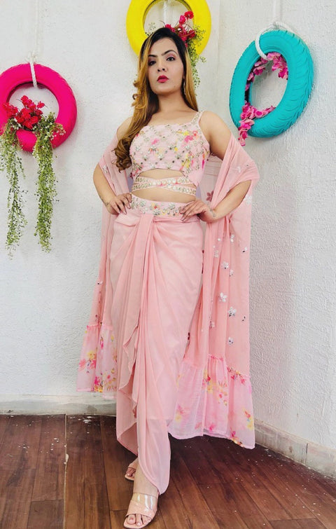 Ready to wear sangeet wear outfit glamorous pink sarong 3 piece dress embelished with foil work padded choli, Readytowear partywear dress - ReadyToWearshop