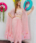 Ready to wear sangeet wear outfit glamorous pink sarong 3 piece dress embelished with foil work padded choli, Readytowear partywear dress - ReadyToWearshop