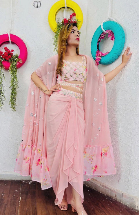 Ready to wear sangeet wear outfit glamorous pink sarong 3 piece dress embelished with foil work padded choli, Readytowear partywear dress - ReadyToWearshop