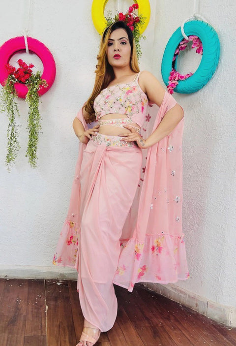 Ready to wear sangeet wear outfit glamorous pink sarong 3 piece dress embelished with foil work padded choli, Readytowear partywear dress - ReadyToWearshop