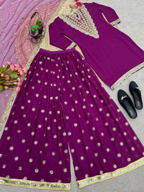 Wine Festival Collection With Faux Georgette And Heavy Embroidery Sequence Work Top-Plazo And Dupatta Set