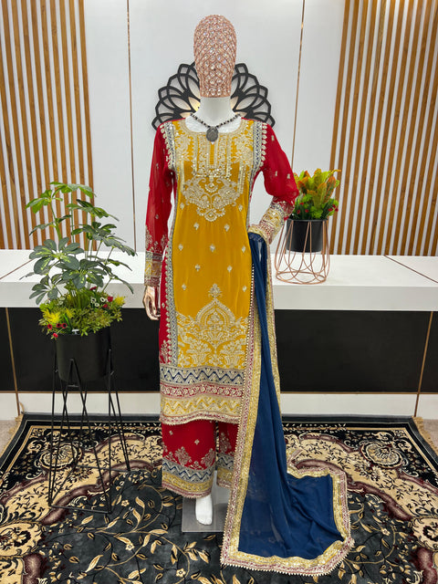 Yellow Graceful Top-Bottom And Dupatta Set Fully Stitched Ready To Wear Salwar Kameez Set For Women