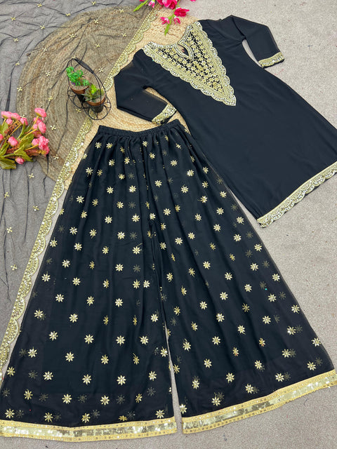 Black Festival Collection With Faux Georgette And Heavy Embroidery Sequence Work Top-Plazo And Dupatta Set