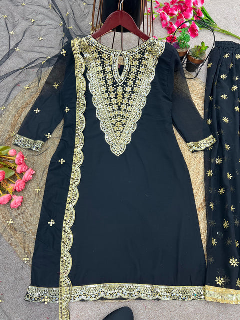 Black Festival Collection With Faux Georgette And Heavy Embroidery Sequence Work Top-Plazo And Dupatta Set