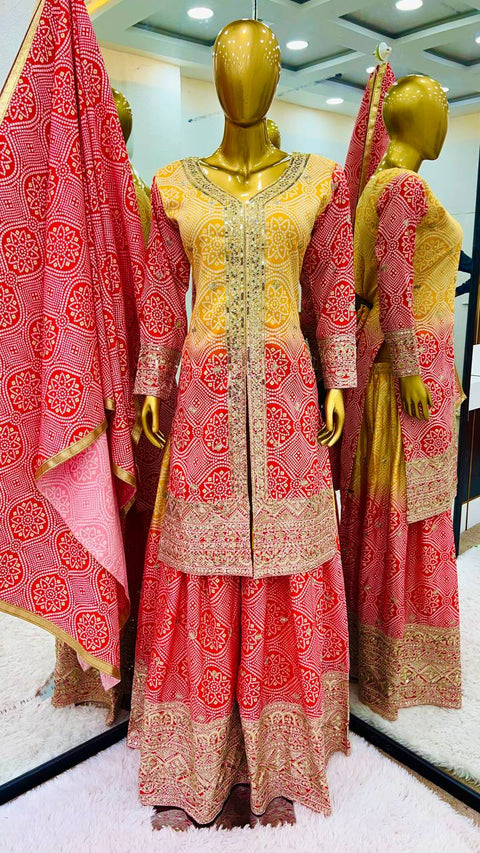 Yellow And Red Sharara  Collection In Heavy Chinon Silk Top-Bottom And Dupatta