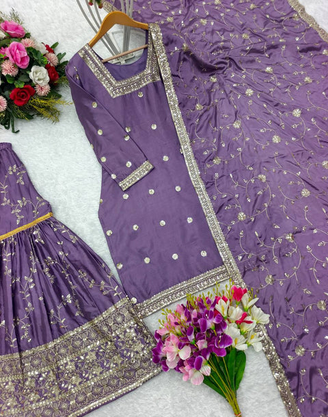 Purple Heavy Chinon Silk Top-Sararo And Dupatta Set For Women